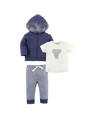Touched by Nature Toddler Boys Unisex Cotton Hoodie, Bodysuit or Tee Top, and Pant, Stripe Elephant Toddler, 5