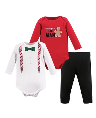 Little Treasure Baby Boys Christmas Suspenders Bodysuit and Pant Set, Pack of 3