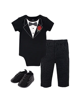 Little Treasure Baby Boys Treasure Baby Cotton Bodysuit, Pant and Shoe 3pc Set, Tuxedo Rose