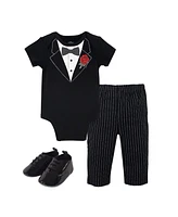 Little Treasure Baby Boys Treasure Baby Cotton Bodysuit, Pant and Shoe 3pc Set, Tuxedo Rose