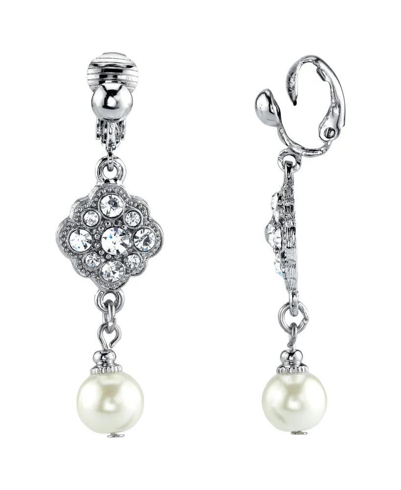 2028 Silver Tone Crystal and Imitation Pearl Drop Clip Earrings