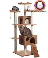 Armarkat 74" Multi-Level Real Wood Cat Tree with ScratchhIng Posts, Large Platform, and Sisal Scratching Posts in Ochre Brown