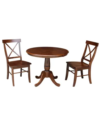 International Concepts 36" Round Top Pedestal Ext Table with 12" Leaf and 2 X-Back Chairs