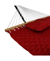 Sunnydaze Decor Quilted Fabric Double Hammock with 12-Foot Stand - 400-Pound Capacity - Black Stand - Red