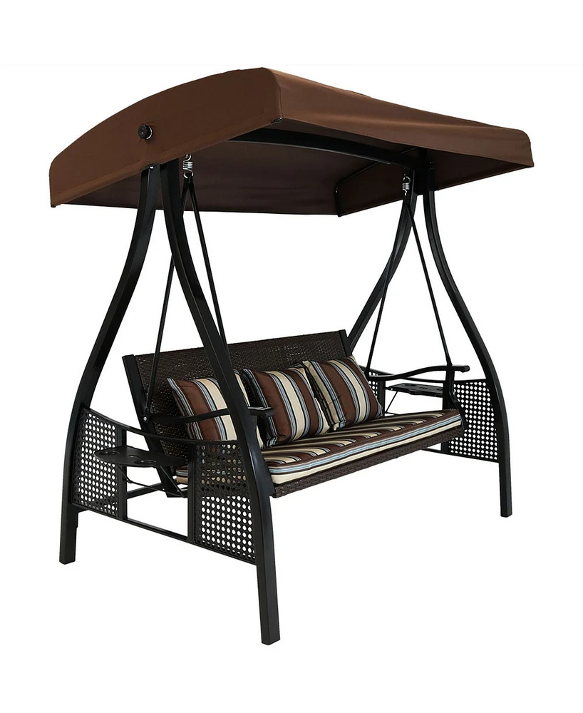 3-Seat Patio Swing with Steel Frame and Canopy - 600-Pound Weight Capacity - Brown Stripe Cushions