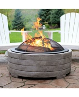 Sunnydaze Decor 35-Inch Faux Stone Fire Pit Bowl with Handles - Includes Spark Screen - Wood Burning