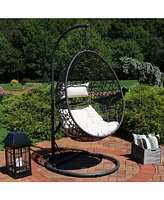 Caroline Hanging Egg Chair Swing with Steel Stand Set - Resin Wicker Basket Frame Includes Beige Cushions