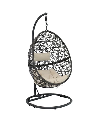 Sunnydaze Decor Caroline Hanging Egg Chair Swing with Steel Stand Set - Resin Wicker Basket Frame Includes Beige Cushions