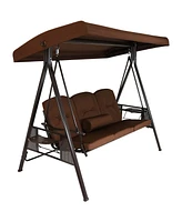 Sunnydaze Decor 3-Person Steel Patio Swing Bench with Adjustable Tilt Canopy - Cushions and Pillow Included - Brown