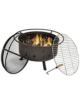 Sunnydaze Decor Cosmic 30-Inch Fire Pit with Cooking Bbq Grill Grate, Spark Screen, and Fireplace Poker - Celestial Design