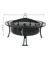 Sunnydaze Decor 40-Inch Round Steel Fire Pit Table with Durable Spark Screen and Poker - Portable Design - Black