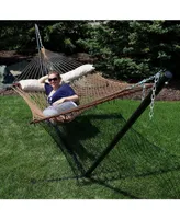 Sunnydaze Decor Polyester Rope Double Hammock with 15-Foot Steel Stand - 400-Pound Capacity - Black Stand - Brown