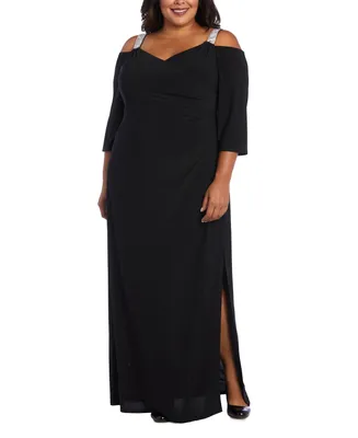 R & M Richards Plus Size Embellished Cold-Shoulder Gown