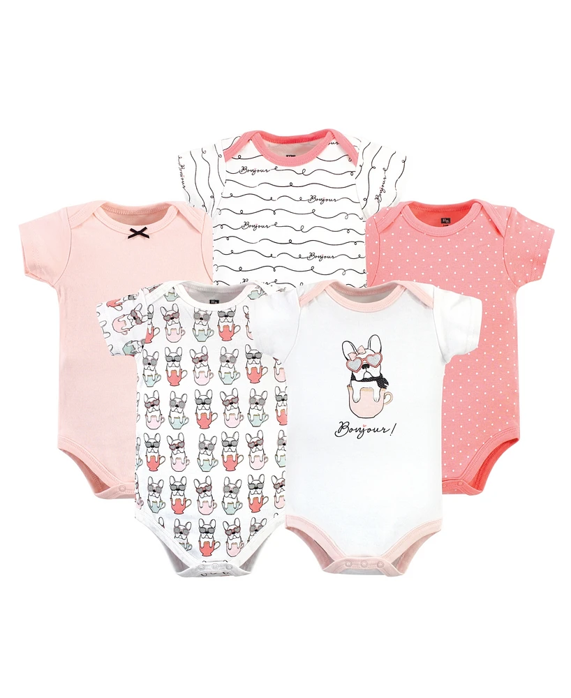 Hudson Baby Girls Cotton Bodysuits 5pk, Bonjour Pink, 0-3 Months