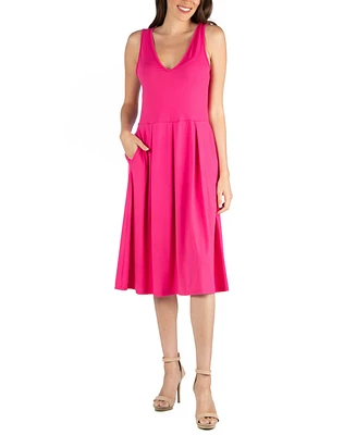 24seven Comfort Apparel Fit and Flare Midi Sleeveless Dress with Pocket Detail