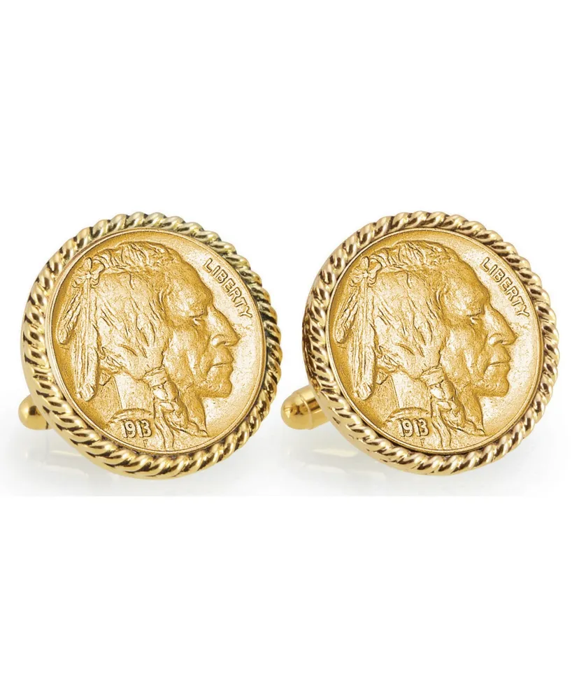 American Coin Treasures Gold-Layered 1913 First-Year-Of-Issue Buffalo Nickel Rope Bezel Coin Cuff Links