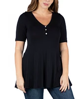 24seven Comfort Apparel Plus Elbow Sleeve Henley Tunic Top