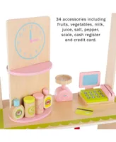 Hey Play Kids Fresh Market Selling Stand - Wooden Grocery Store Playset With Toy Cash Register, Scale, Pretend Credit Card And Food Accessories