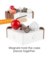 Hey Play Birthday Cake - Kids Wooden Magnetic Dessert With Cutting Knife, Fruit Toppings, Chocolate And Vanilla Swirls-Fun Pretend Play Party Food