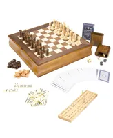 Hey Play 7-In-1 Classic Wooden Board Game Set - Old Fashioned Family Game Night Cards, Dice, Chess, Checkers, Backgammon, Dominoes And Cribbage