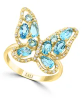 Lali Jewels Swiss Blue Topaz (2-1/20 ct. t.w.) & Diamond (1/6 ct. t.w.) Butterfly Ring in 14k Gold