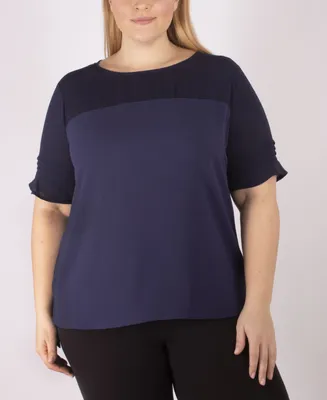 Ny Collection Plus Short Sleeve Crepe Top With Chiffon Yoke