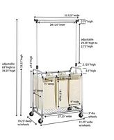 Commercial Grade 3 Bag Laundry Sorter with Wheels and Garment Rack for Hanging Clothes