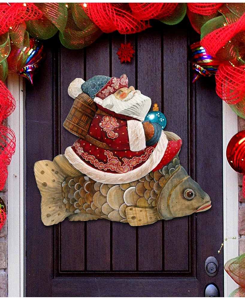 Designocracy Golden Fish Santa Over The Door Wooden Hanger