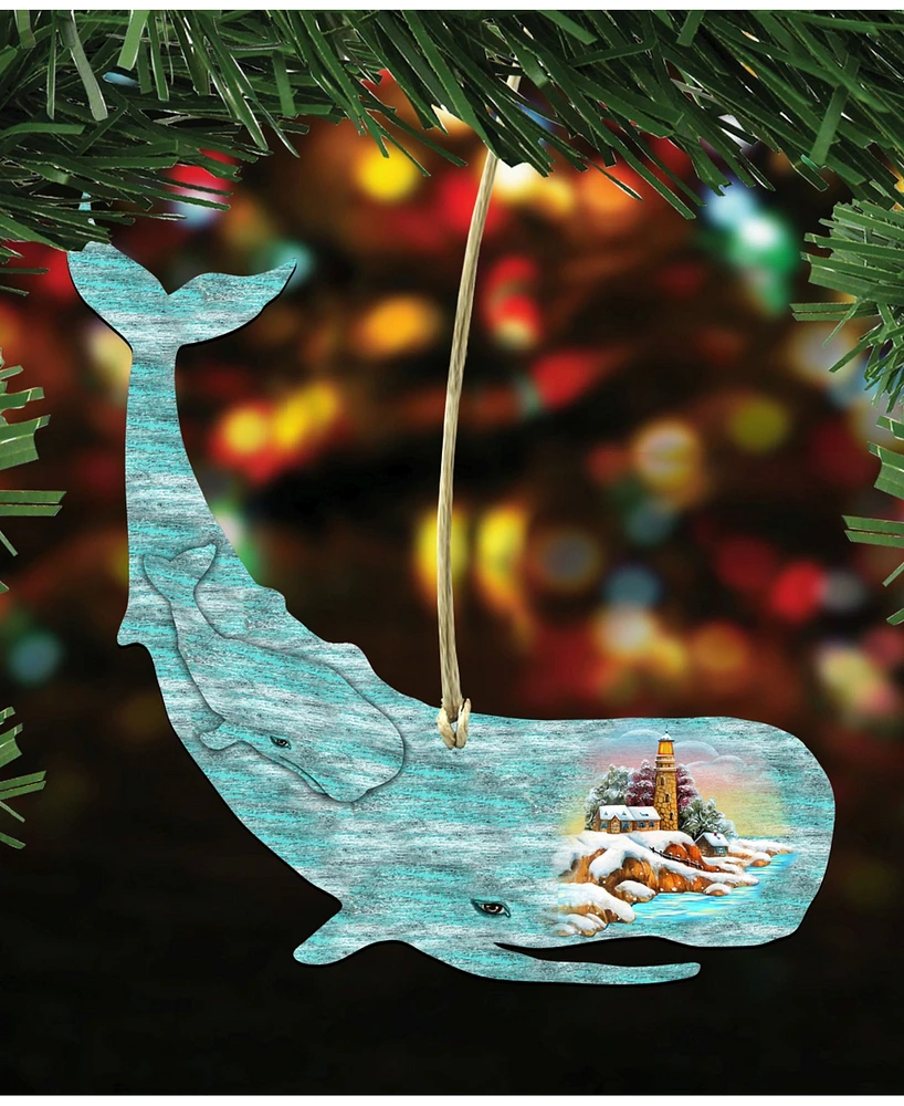 Designocracy Whale Scenic Wooden Christmas Ornament Set of 2