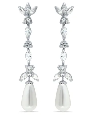 Imitation Pearl Marquise Cubic Zirconia Tear Drop Earrings in Silver Plate
