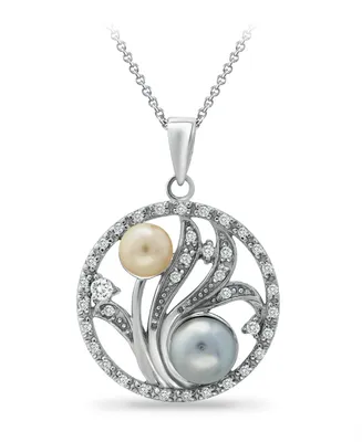 Multi-Color Imitation Pearls and Cubic Zirconia Floral Medallion Pendant in Silver Plate 18"
