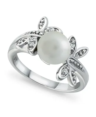 Imitation Pearl Cubic Zirconia Dragonfly Ring Silver Plate