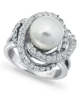 Imitation Pearl and Cubic Zirconia Pave Swirl Ring Silver Plate