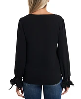 CeCe Women's Solid Long Sleeve V-Neck Tie Cuff Blouse