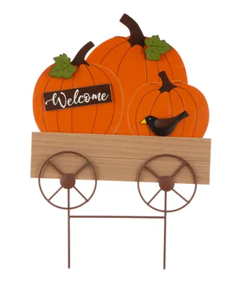 Glitzhome 26.38" Fall Metal and Wooden Pumpkin Cart Yard Stake or Hanging Decor