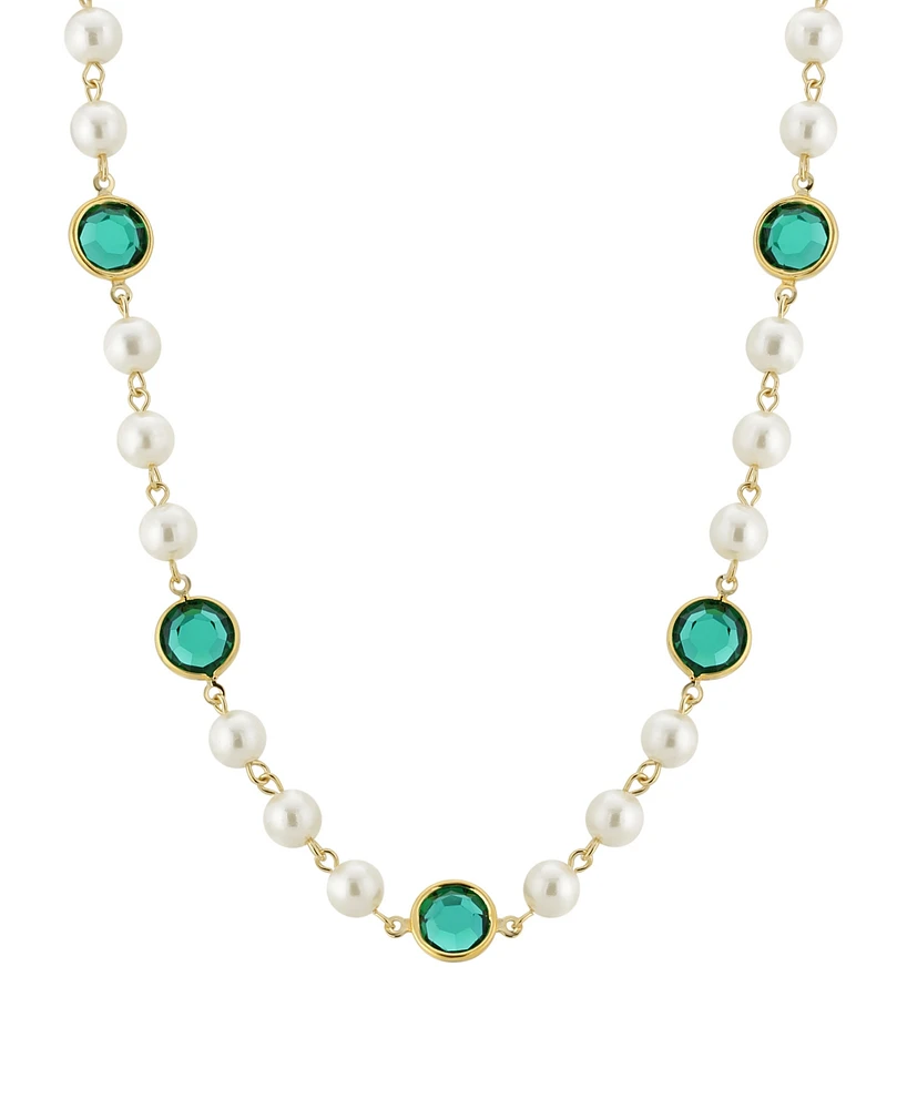 2028 Gold-Tone Imitation Pearl with Dark Green Channels 16" Adjustable Necklace
