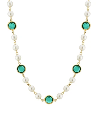 2028 Gold-Tone Imitation Pearl with Dark Green Channels 16" Adjustable Necklace