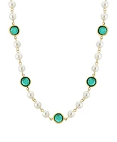 2028 Gold-Tone Imitation Pearl with Dark Green Channels 16" Adjustable Necklace