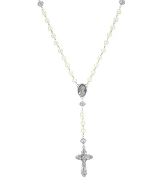Symbols of Faith Silver-Tone Crucifix Cross Simulated Imitation Pearl Rosary