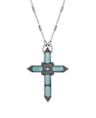 2028 Silver-Tone Aqua Moonstone Aqua Crystal Cross 20" Necklace