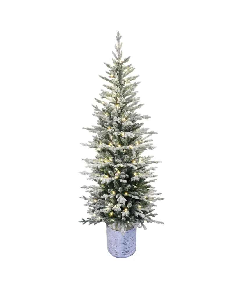 Puleo 7.5" Pre-Lit Potted Flocked Arctic Fir Pencil Artificial Christmas Tree