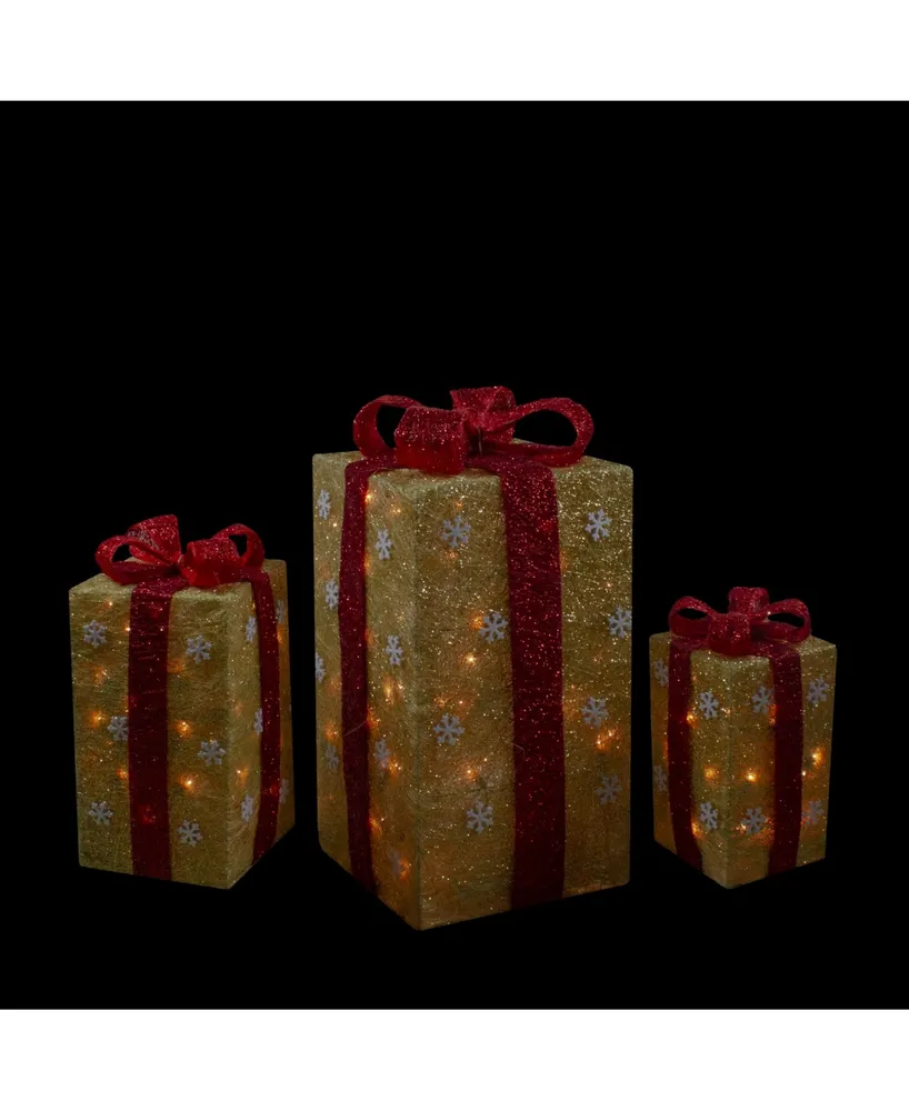 Northlight Lighted Tall Gold Tone Sisal Gi Boxes with Red Bows Christmas Outdoor Decor