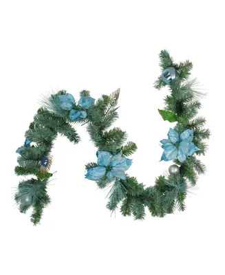 Northlight Peacock Feather and Poinsettia Artificial Christmas Garland-Unlit