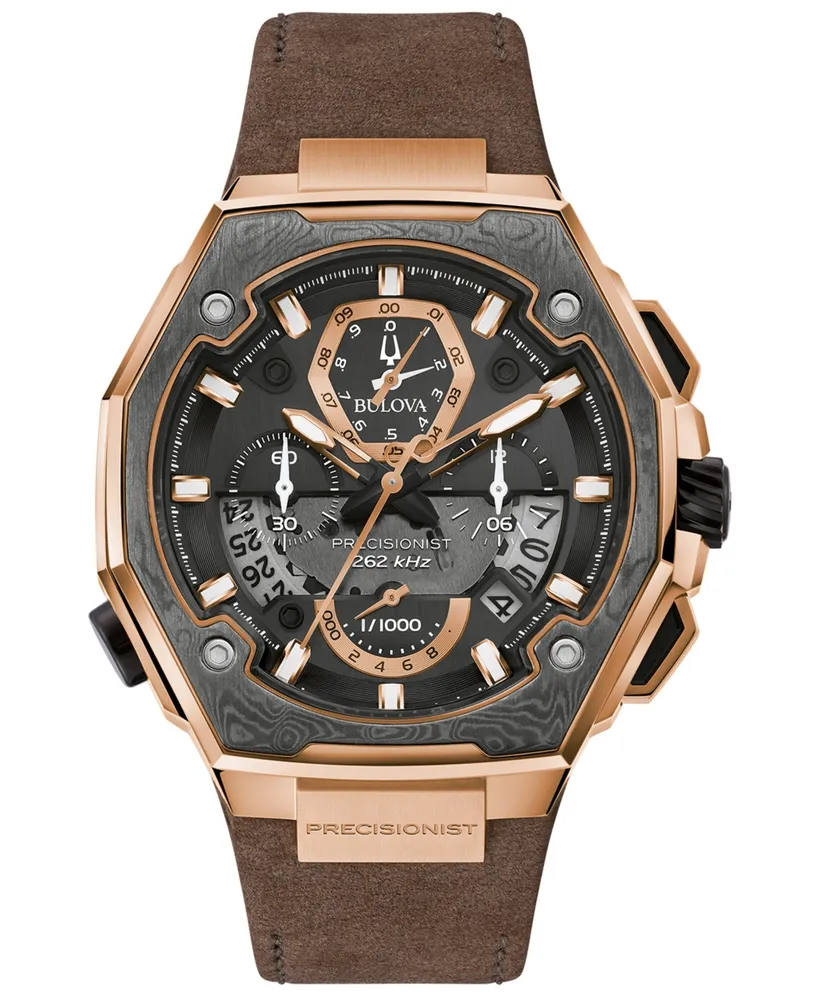 Bulova Men's Precisionist Brown Leather Strap Watch 44.7x46.8mm - A Special Edition - Rose Gold