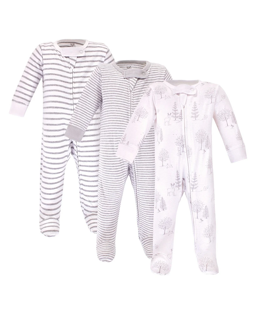 Touched by Nature Baby Boys Organic Cotton Zipper Sleep and Play 3pk, Gray Woodland, 6-9 Months