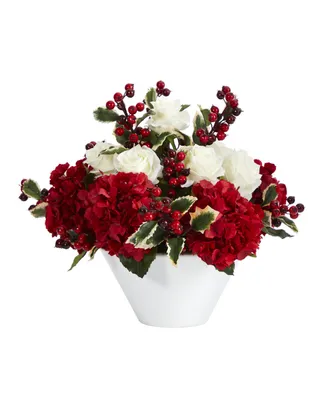 Nearly Natural Rose, Hydrangea and Holly Berry Artificial Arrangement in Vase