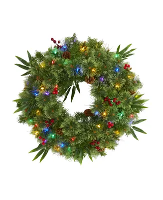 Nearly Natural Mixed Pine Artificial Christmas Wreath with 50 Led Lights, Berries and Pine Cones