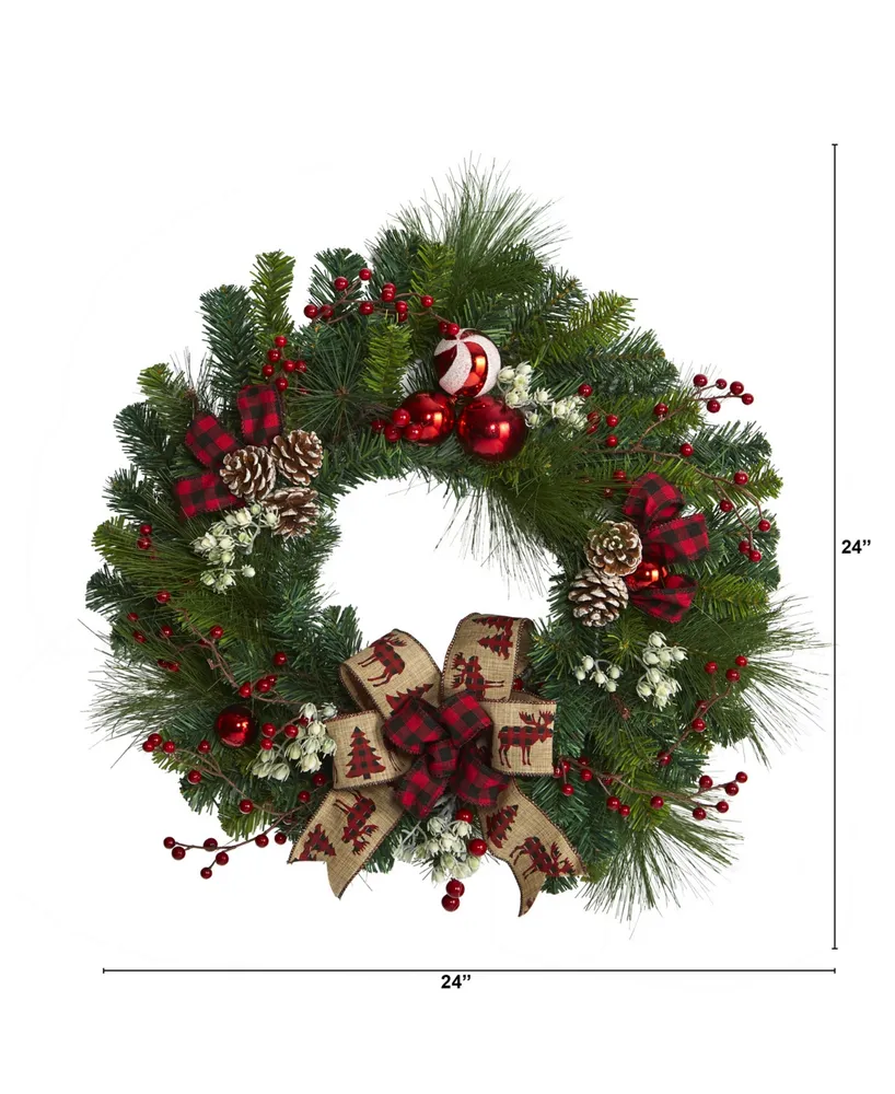 Nearly Natural Christmas Pine Artificial Wreath with Pine Cones and Ornaments