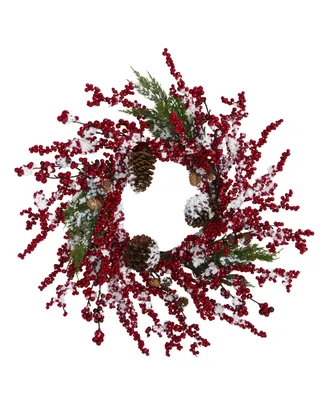 Nearly Natural Frosted Cypress Artificial Wreath with Berries and Pine Cones