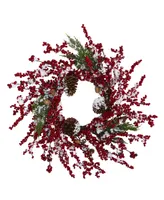 Nearly Natural Frosted Cypress Artificial Wreath with Berries and Pine Cones